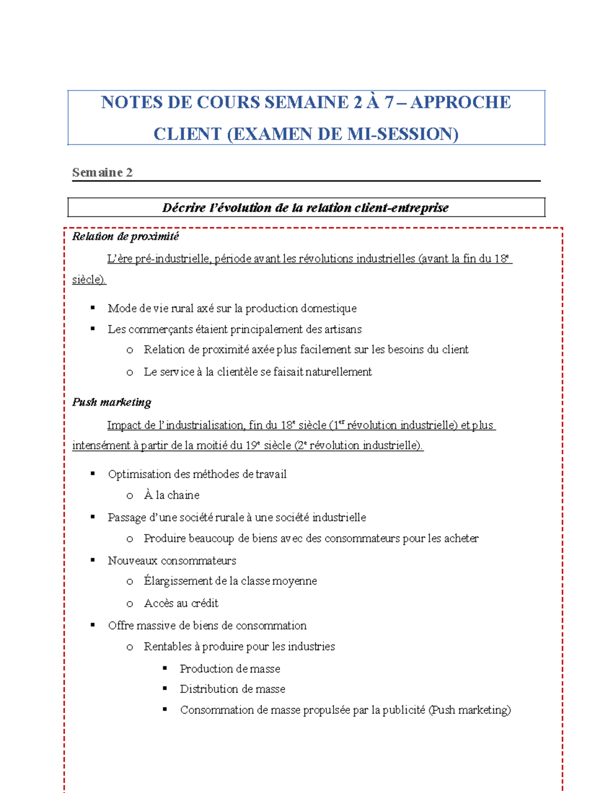 Note Examen Mi Session Notes De Cours Semaine Approche Client Examen De Mi Session