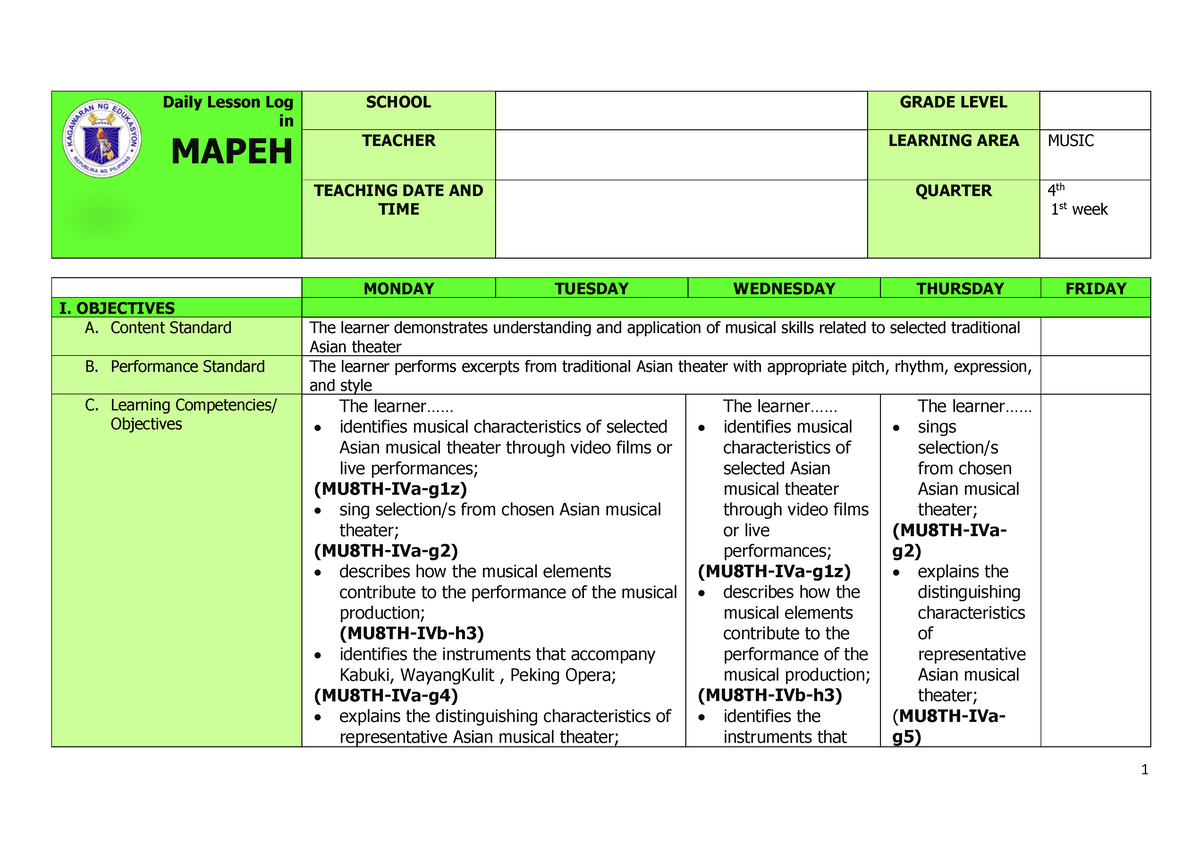 Daily Lesson Log For Mapeh 8 - High School - Studocu