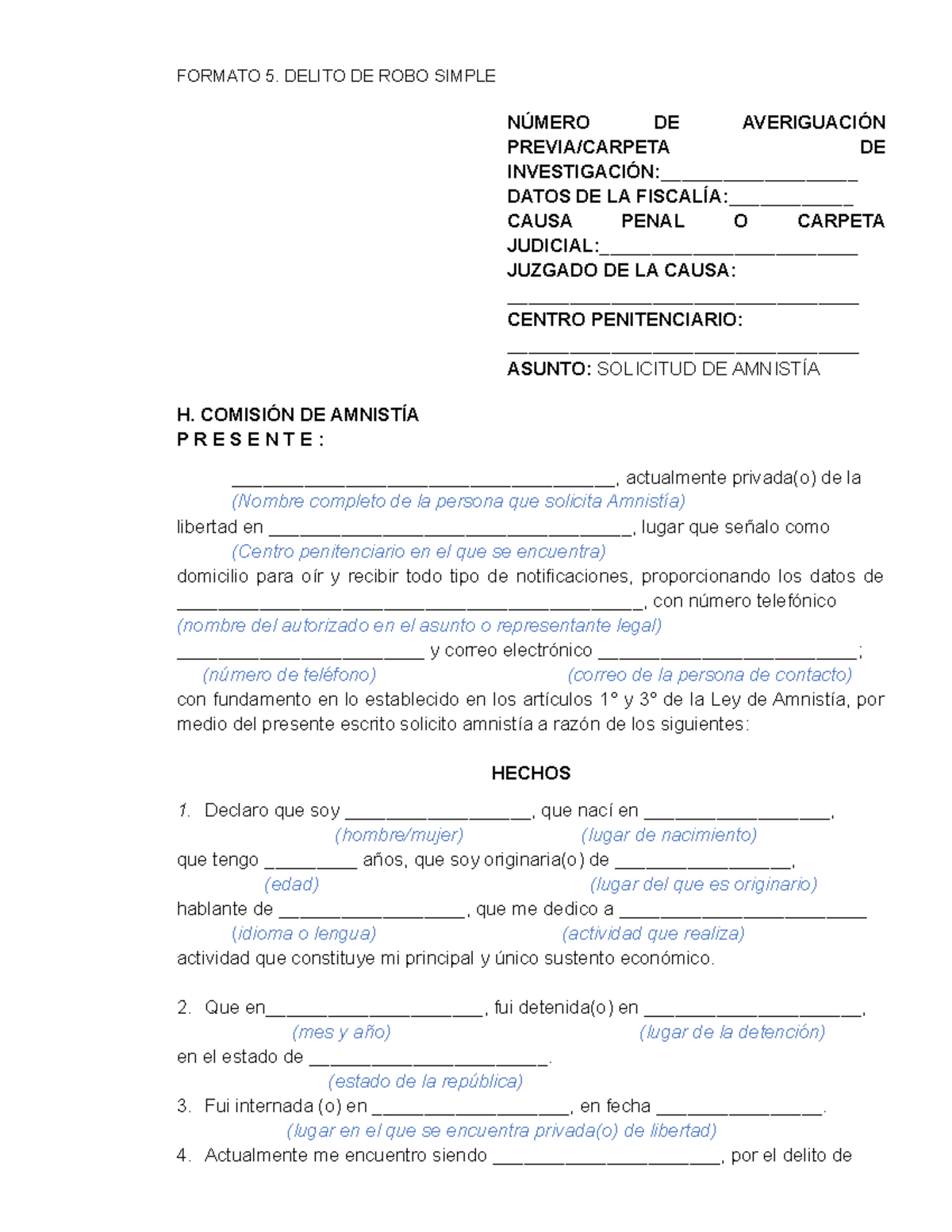 Formato 5 ROBO Simple - FORMATO 5. DELITO DE ROBO SIMPLE NÚMERO DE ...