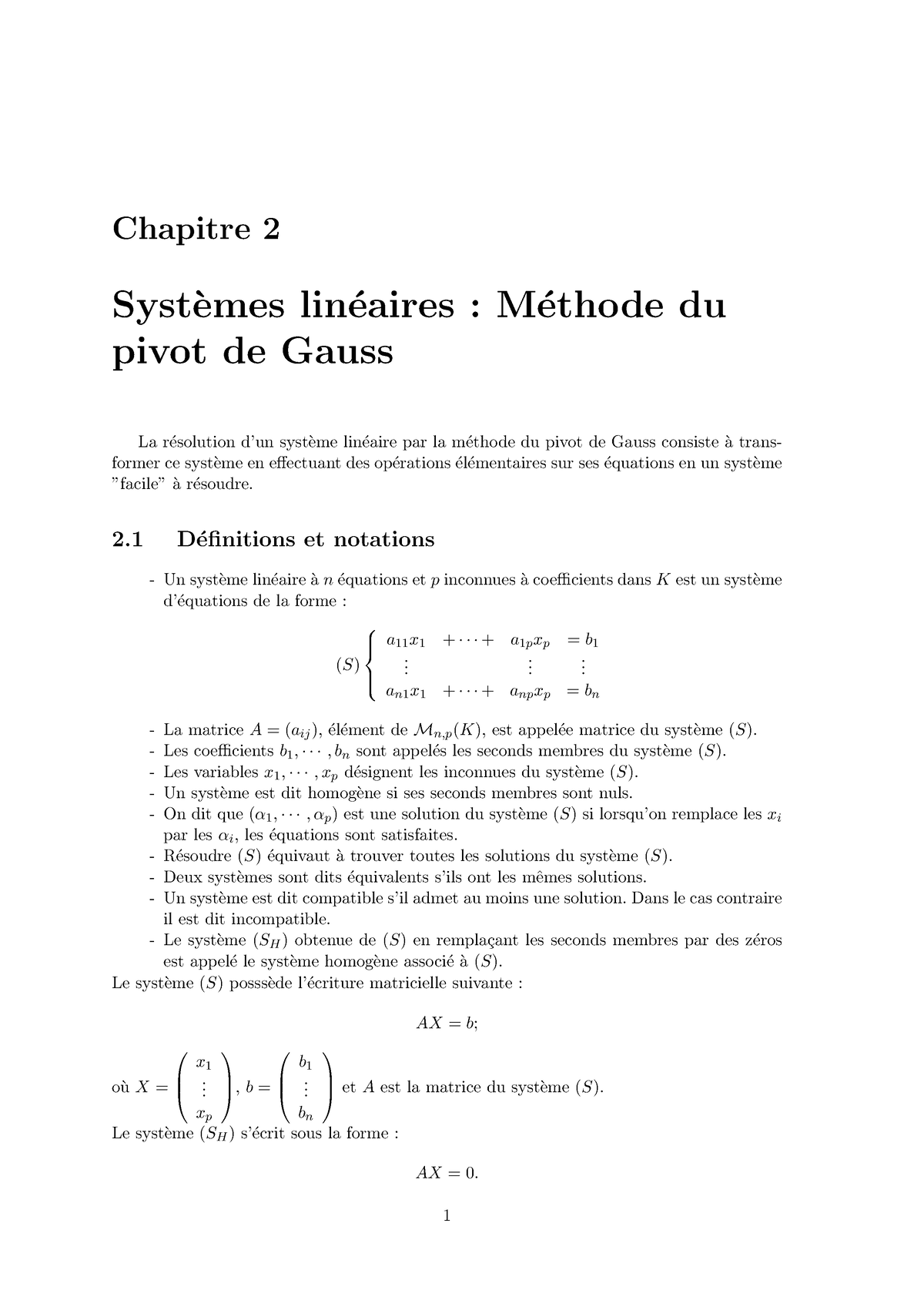 Chapitre 2 Systèmes Linéaires - Chapitre 2 Syst`emes Lin ́eaires : M ...