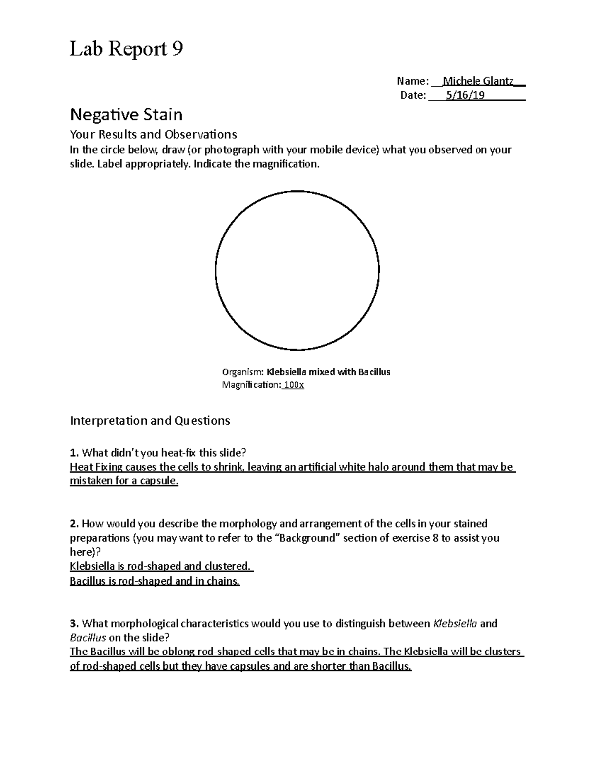 Lab Exercise 9 - lab work - Lab Report 9 Name: Michele Glantz Date: 5 ...