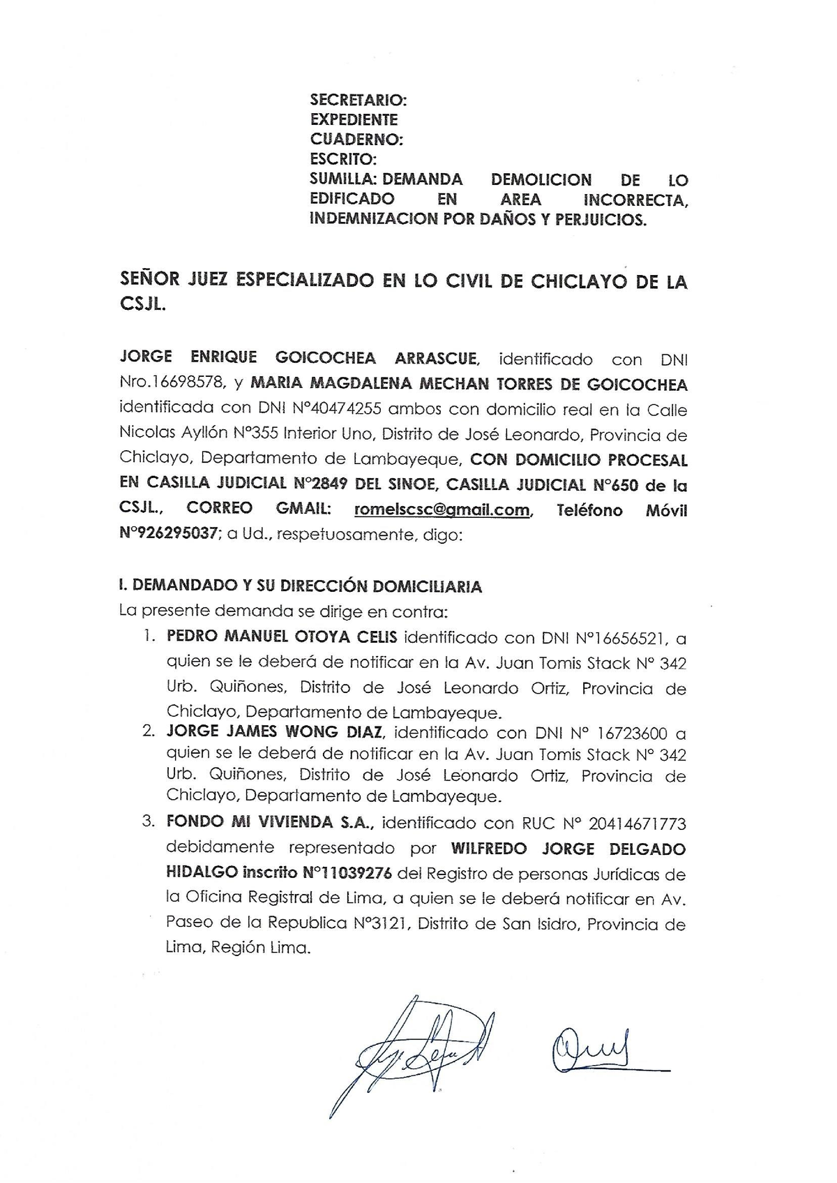 Demanda DE Demolicion SR. Jorge Enrique Goicochea Arrascue - Derecho ...