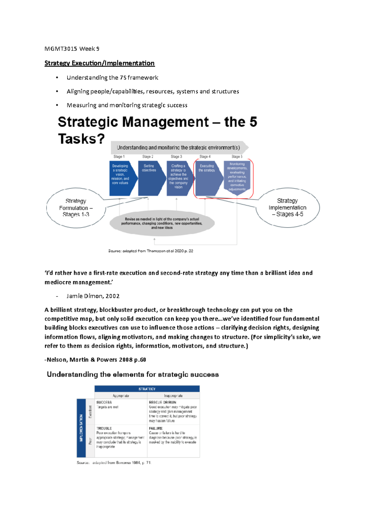 Lecture Notes W9 - Week 9 - MGMT3015 Week 9 Strategy Execution ...