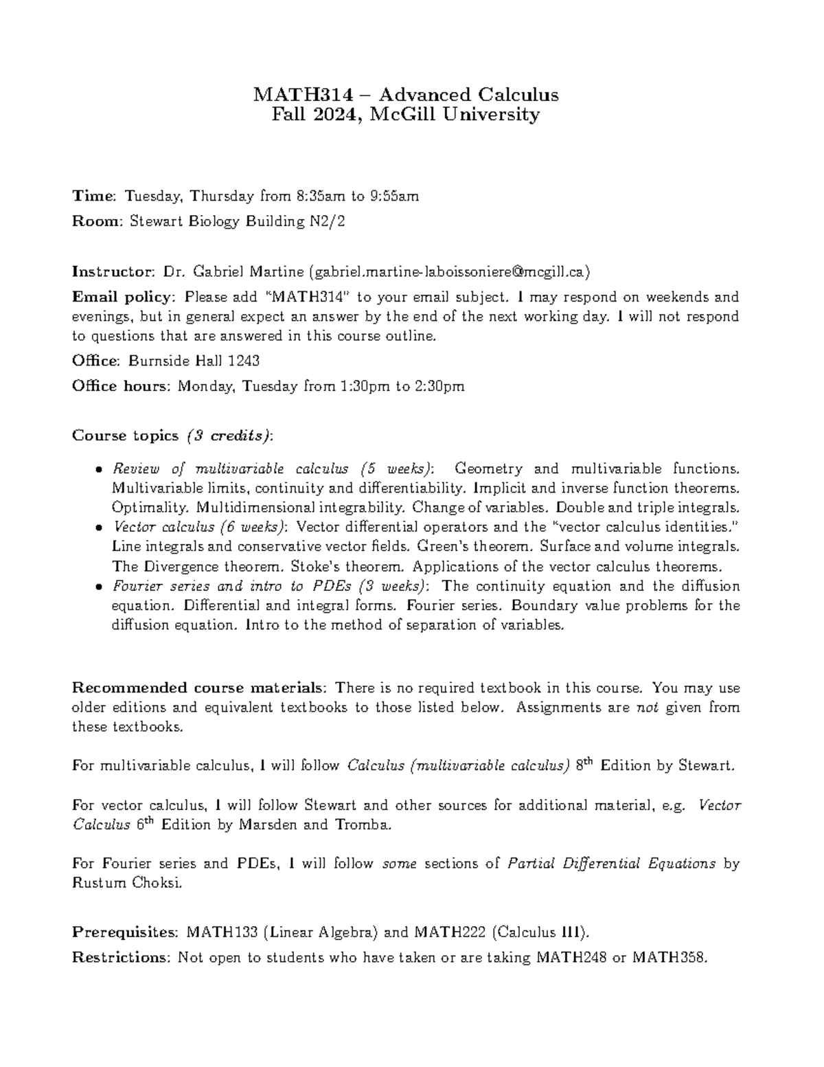 Outline MATH314 F24 - F24 syllabus - MATH314 – Advanced Calculus Fall ...