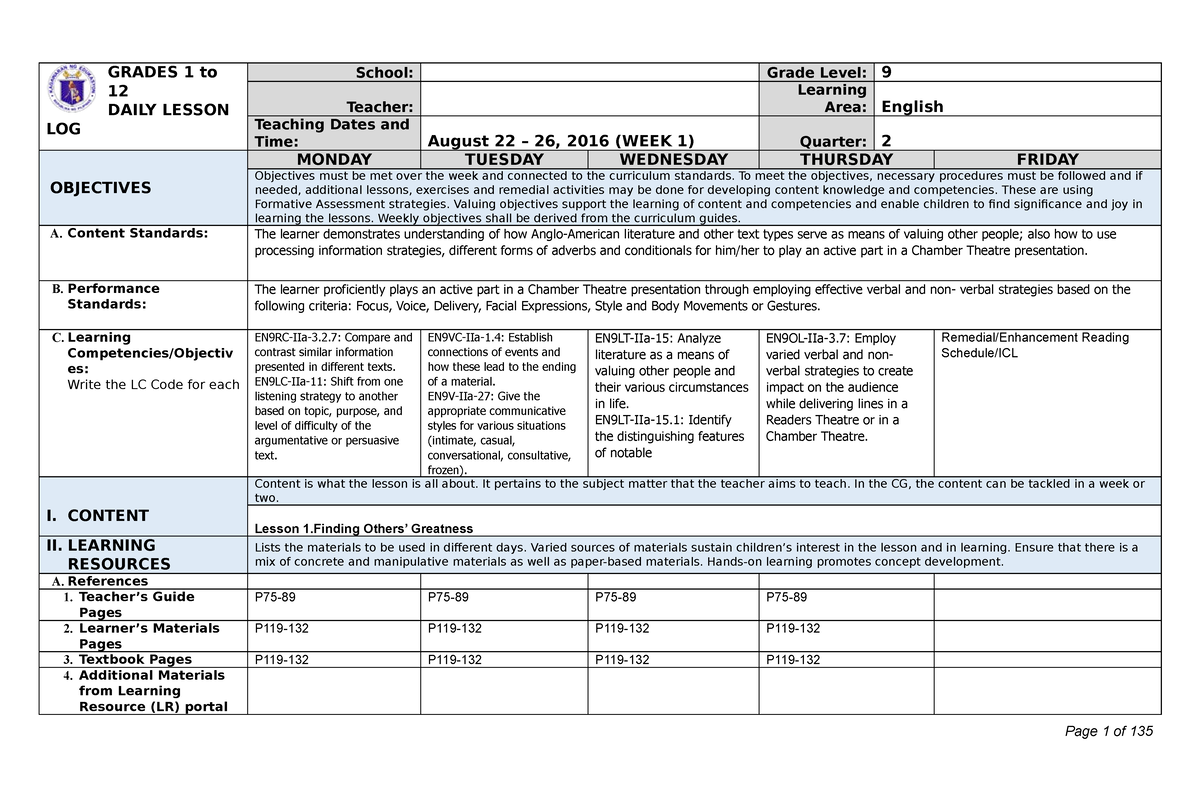 DLL - Daily Lesson Log Template - GRADES 1 To 12 DAILY LESSON LOG ...