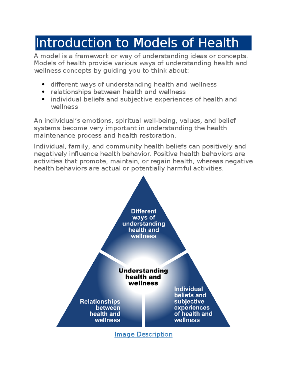 Edapt wk 1 Models of health Introduction to Models of Health A model