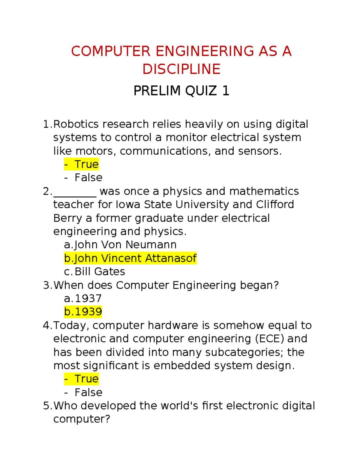 Computer Engineering As A Discipline - Prelim Quiz 1 - COMPUTER ...
