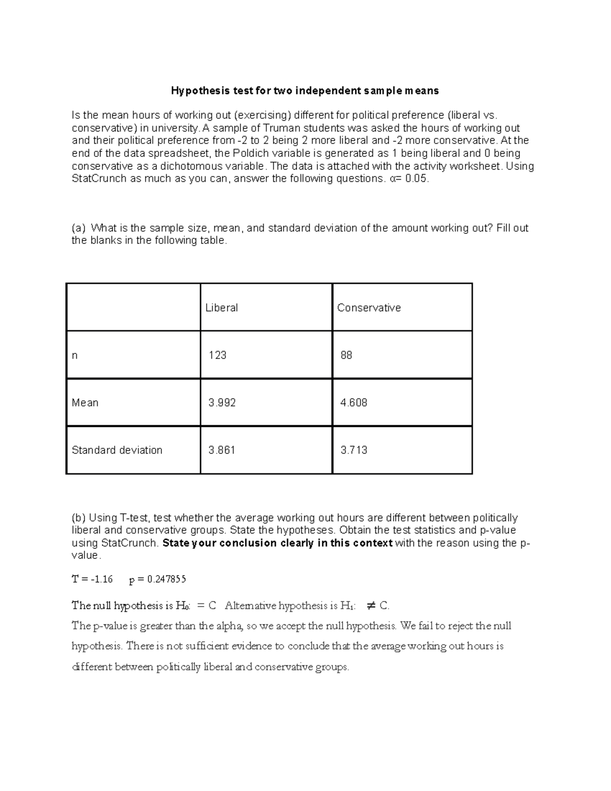 hypothesis test for means worksheet