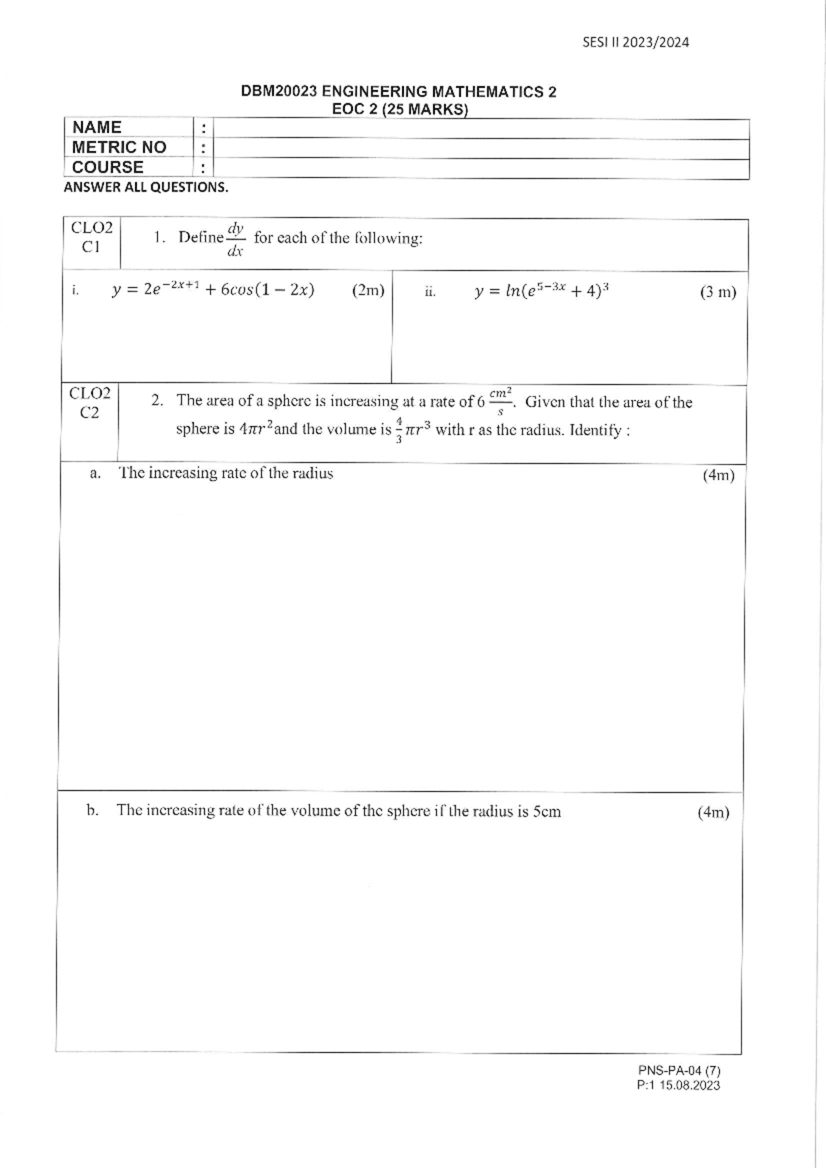 EOC 2 Differentiation - Engineering Mathematics 2 - Studocu