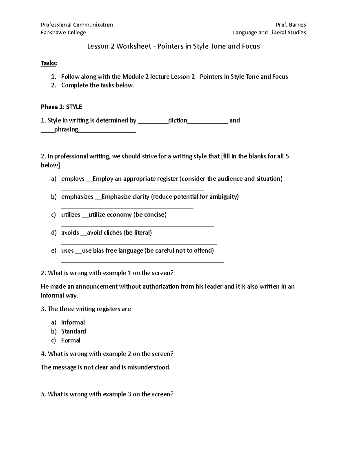 Lesson 2 - Worksheet - Assignment - COMM-6019 - Fanshawe - Studocu