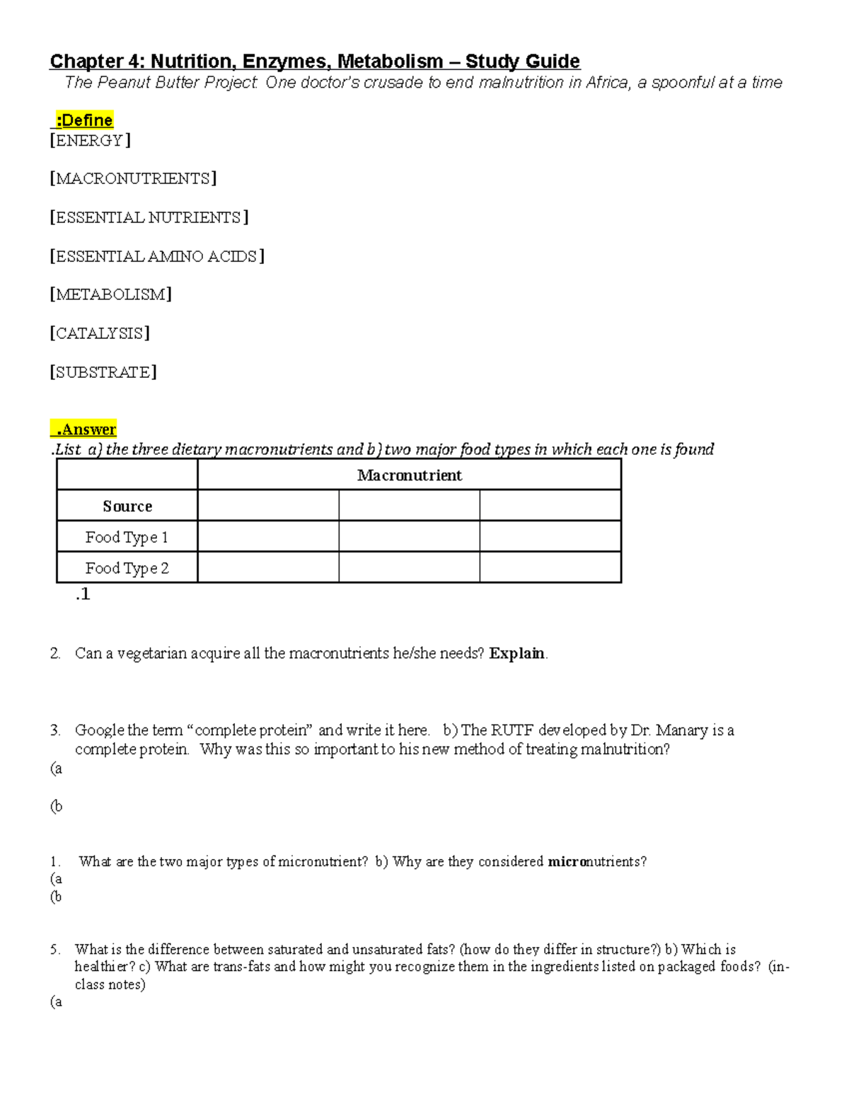 Ch 4 study guide WORD - Chapter 4: Nutrition, Enzymes, Metabolism ...