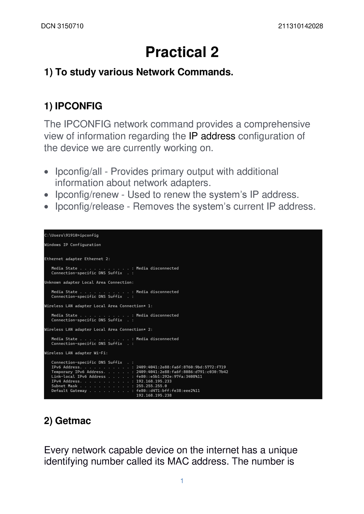 Practical 2 - Practical 2 To Study Various Network Commands. 1 ...