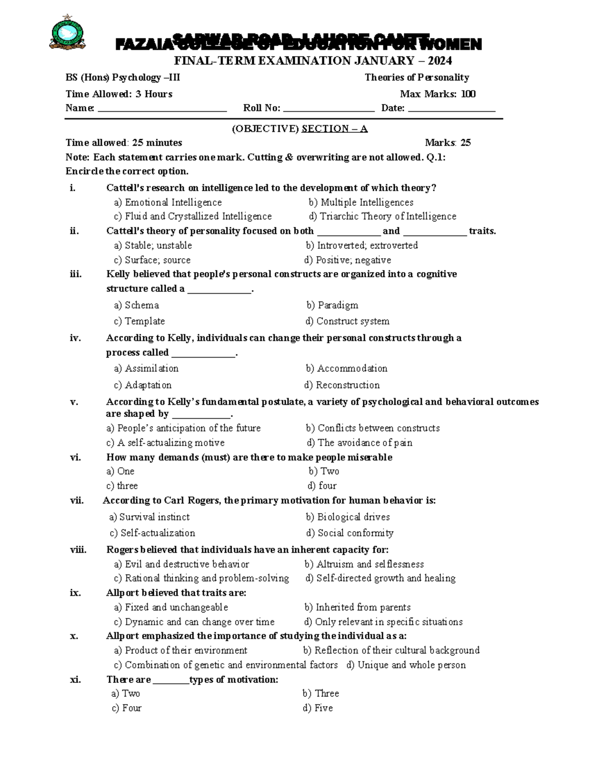 Thories of personality mcqs - FINAL-TERM EXAMINATION JANUARY – 2024 BS ...