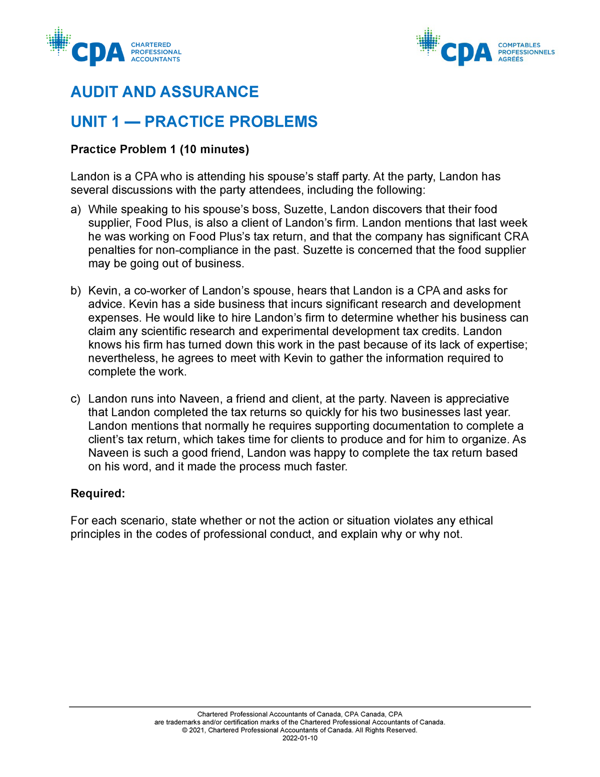 AUA2022EPP01 Audit and Assurance Prep Practice problem Chartered