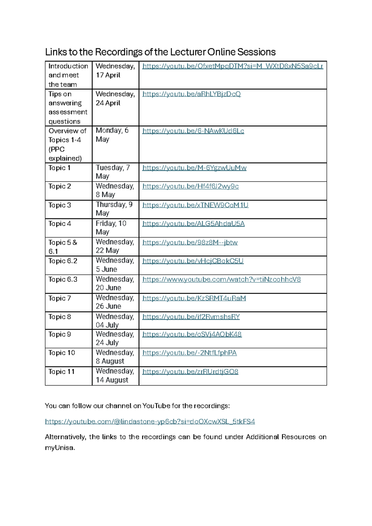 Recording Links - Links to the Recordings of the Lecturer Online ...