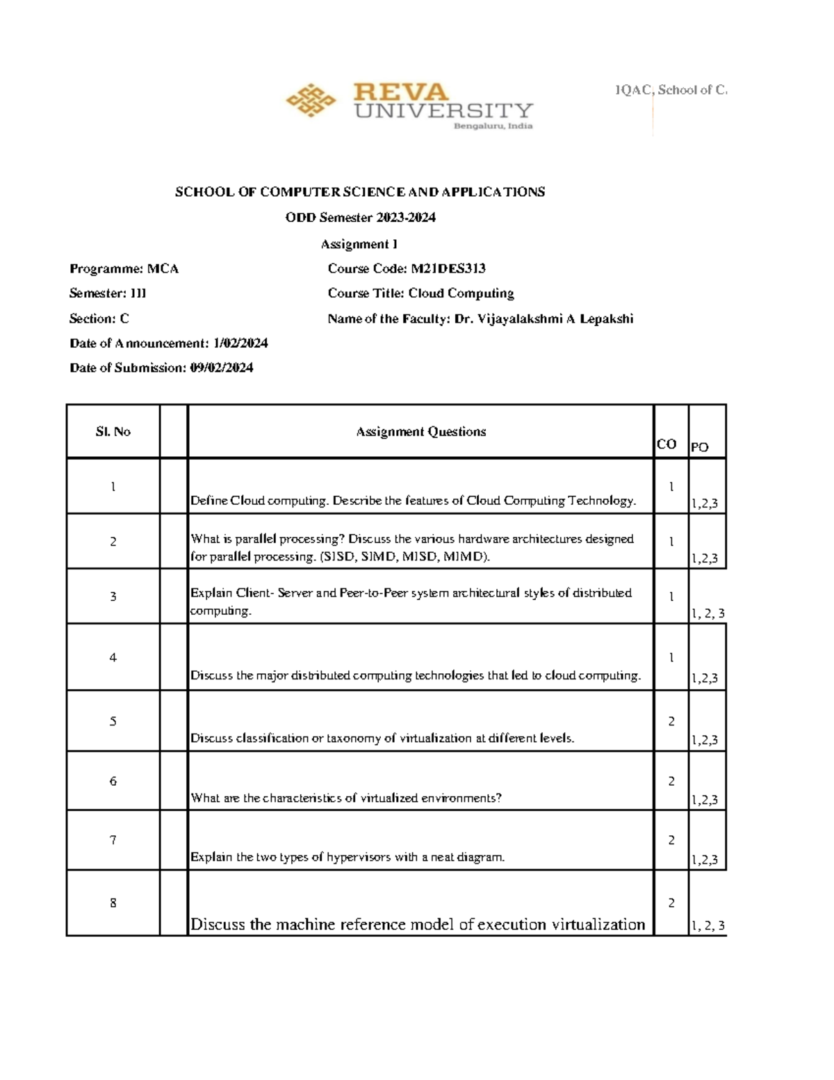 M21DES313 Assignment 1 - IQAC, School of CSA Programme: MCA Semester ...