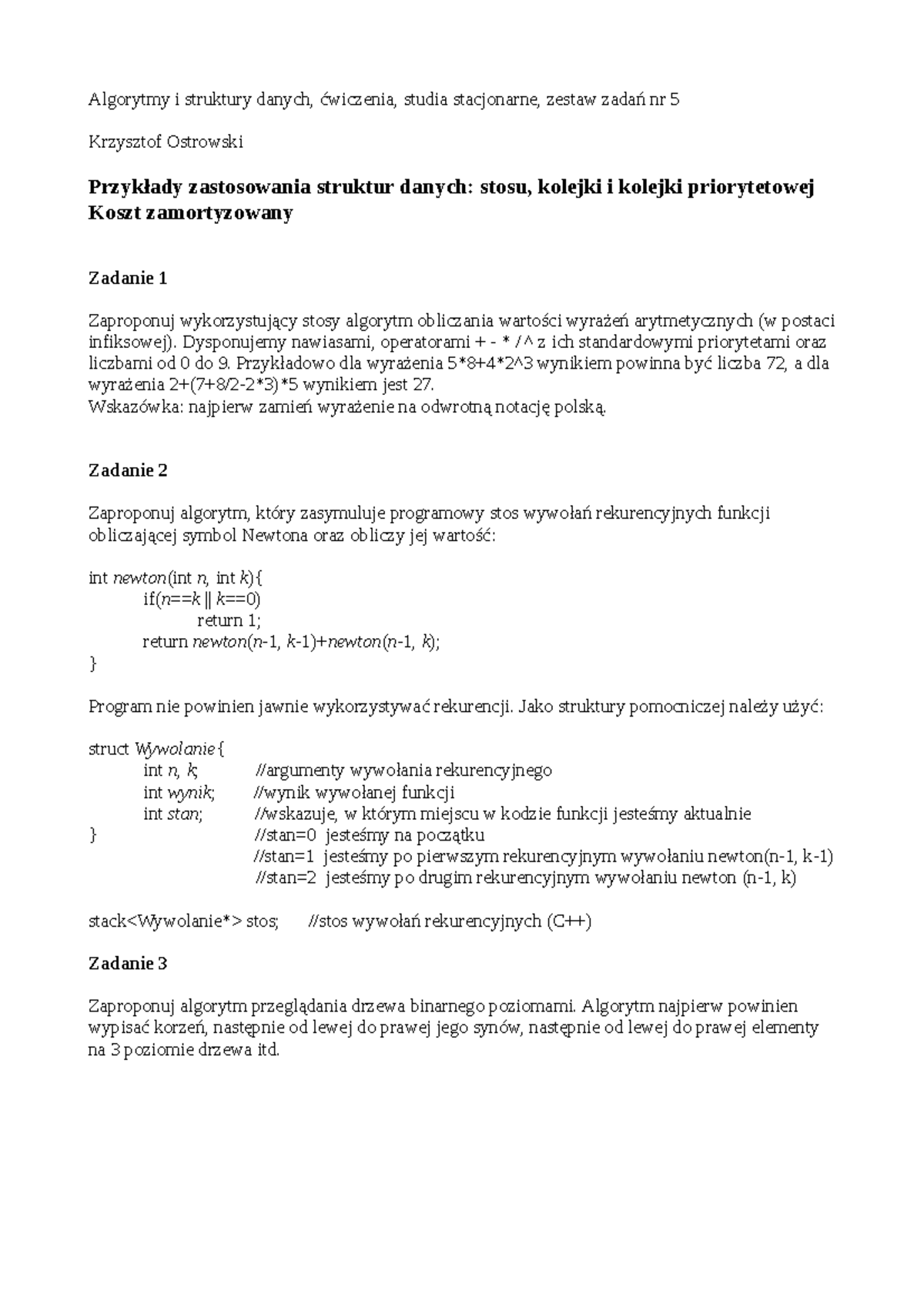 Cw5 0 - Krzysztof Ostrowski, Lista Nr 5 - Algorytmy I Struktury Danych ...