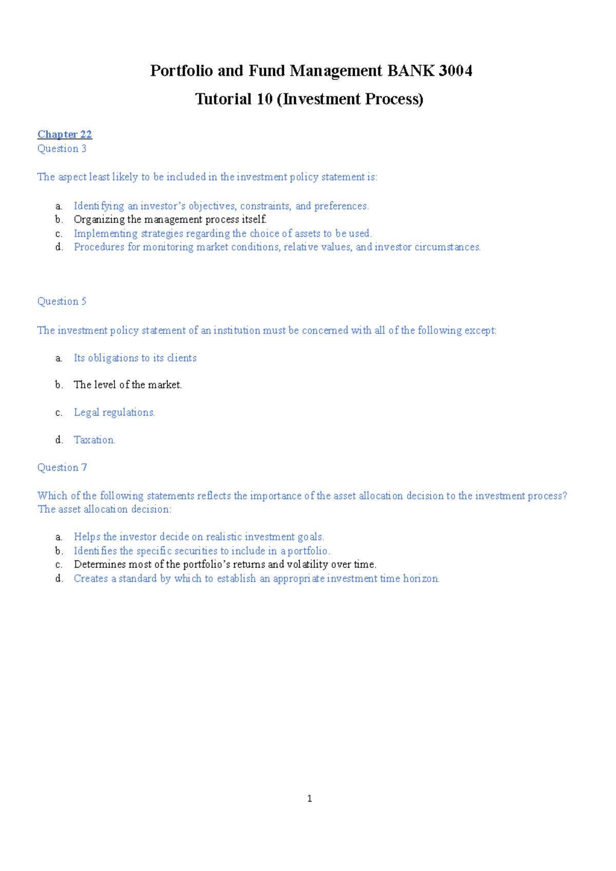 Week 10 Tutorial Questions and Answers - Portfolio and Fund Management ...