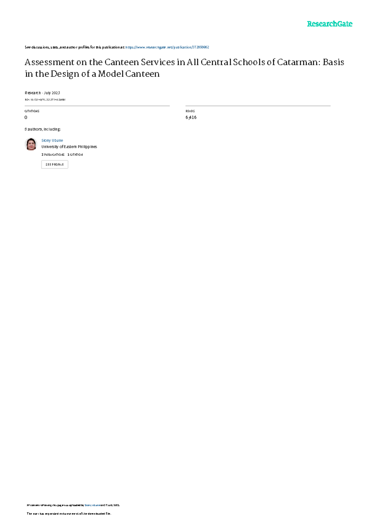 Assessmentof Canteen Services See discussions, stats, and author