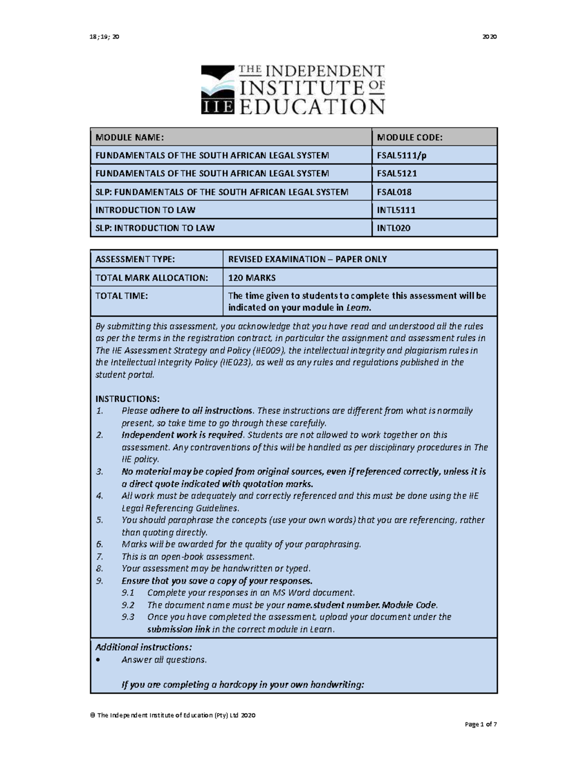 FSAL Take-Home Exam 1 - © The Independent Institute of Education (Pty ...