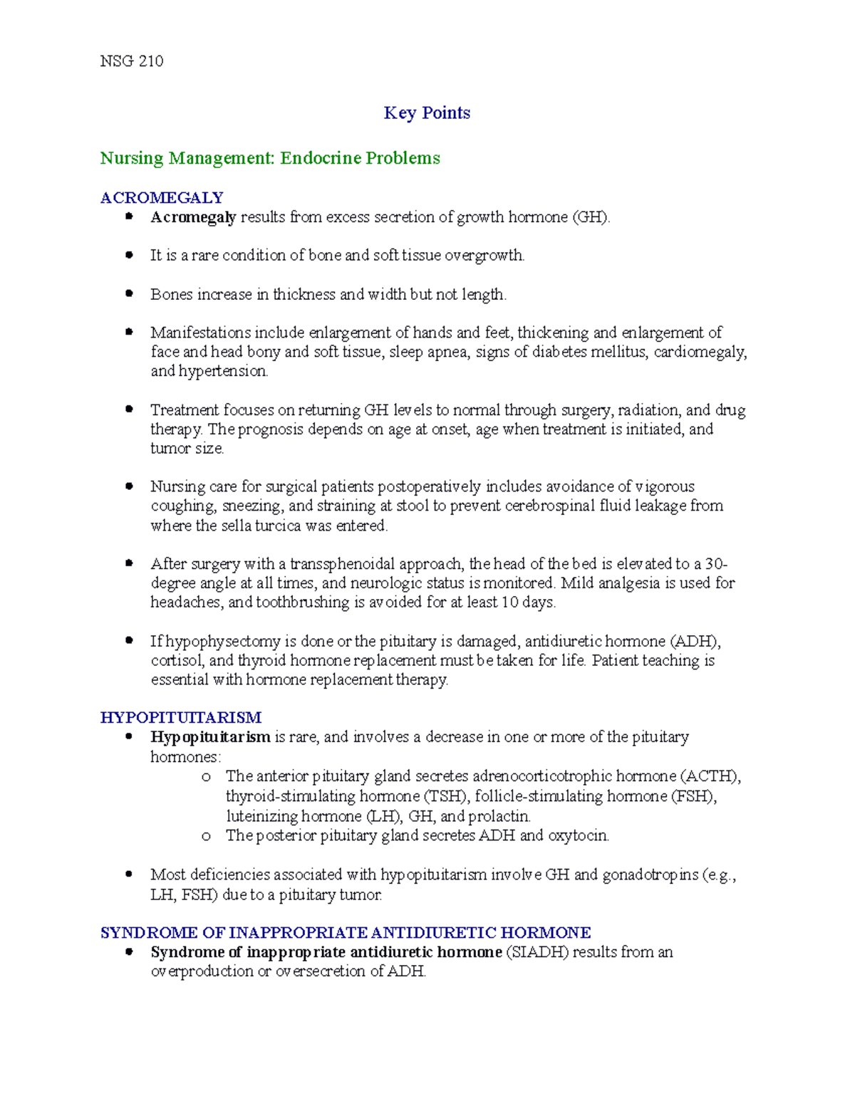 Key Points Endocrine Problems - NSG 210 Key Points Nursing Management ...