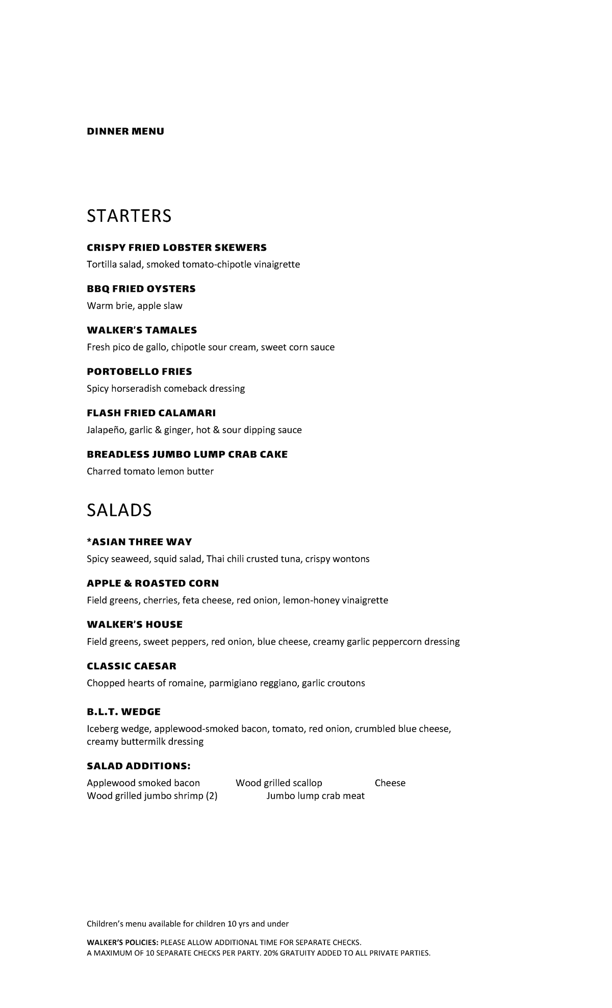 Walkers dinner menu 2021 - Children’s menu available for children 10 ...