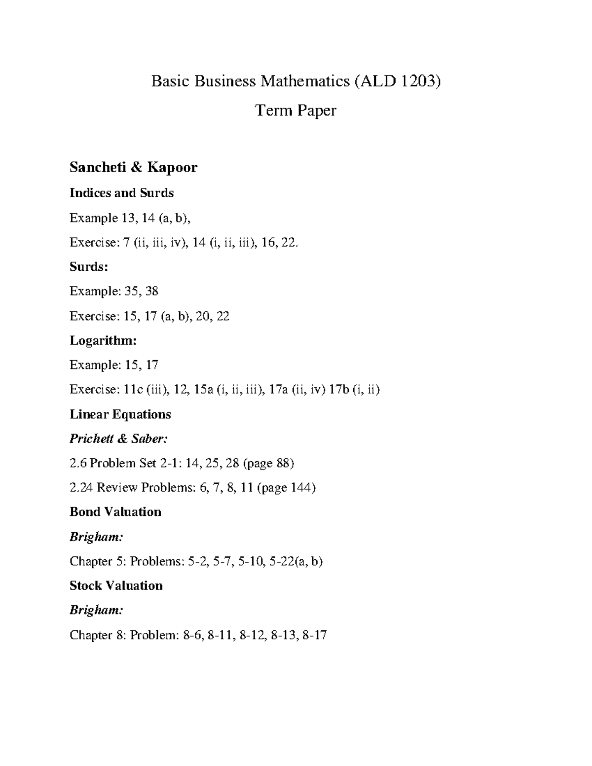 Basic Business Mathematics Term Paper - Basic Business Mathematics (ALD ...