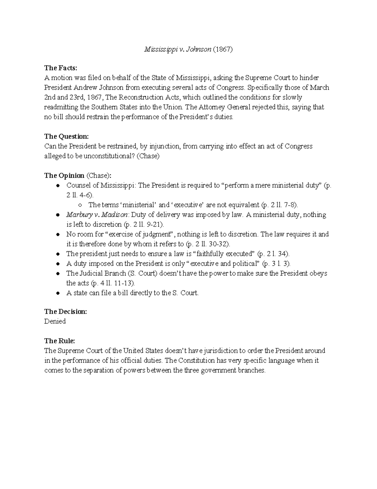 Mississippi v. Johnson Brief Mississippi v. Johnson (1867) The Facts