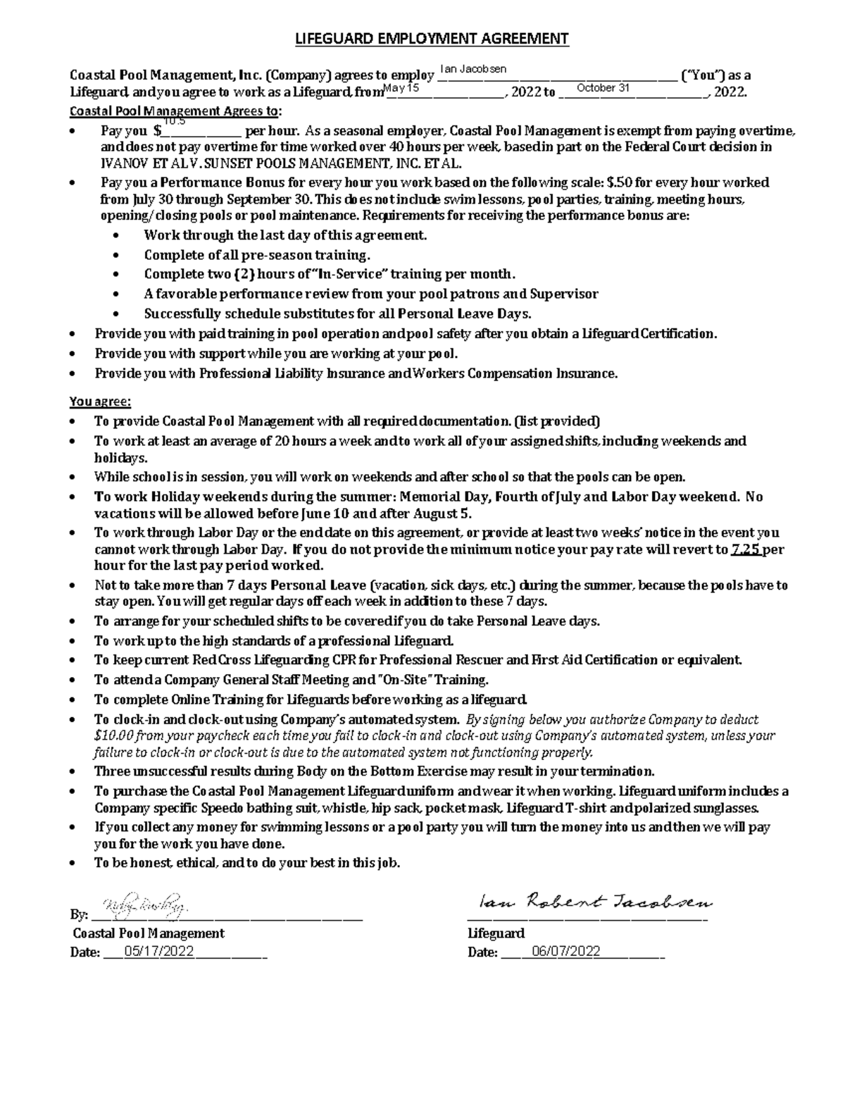 2022 Lifeguard Hiring Packet - ####### LIFEGUARD EMPLOYMENT AGREEMENT ...