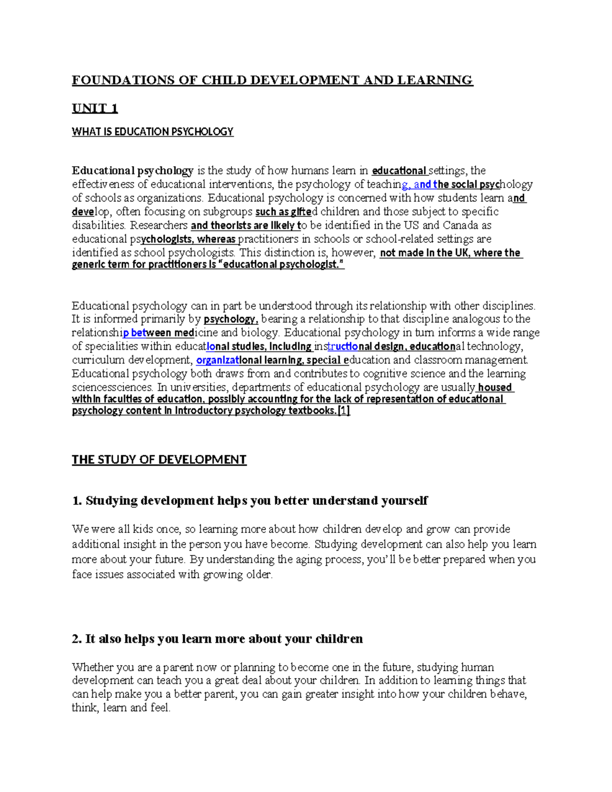 Foundations IN Child Development AND Principles OF Learning UNIT 1 ...