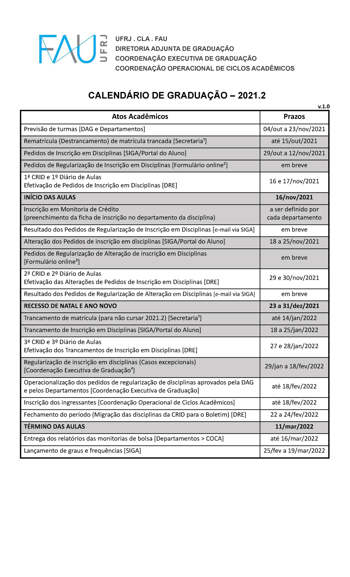 Calendario Academico FAU 20212 UFRJ. CLA. FAU DIRETORIA ADJUNTA DE