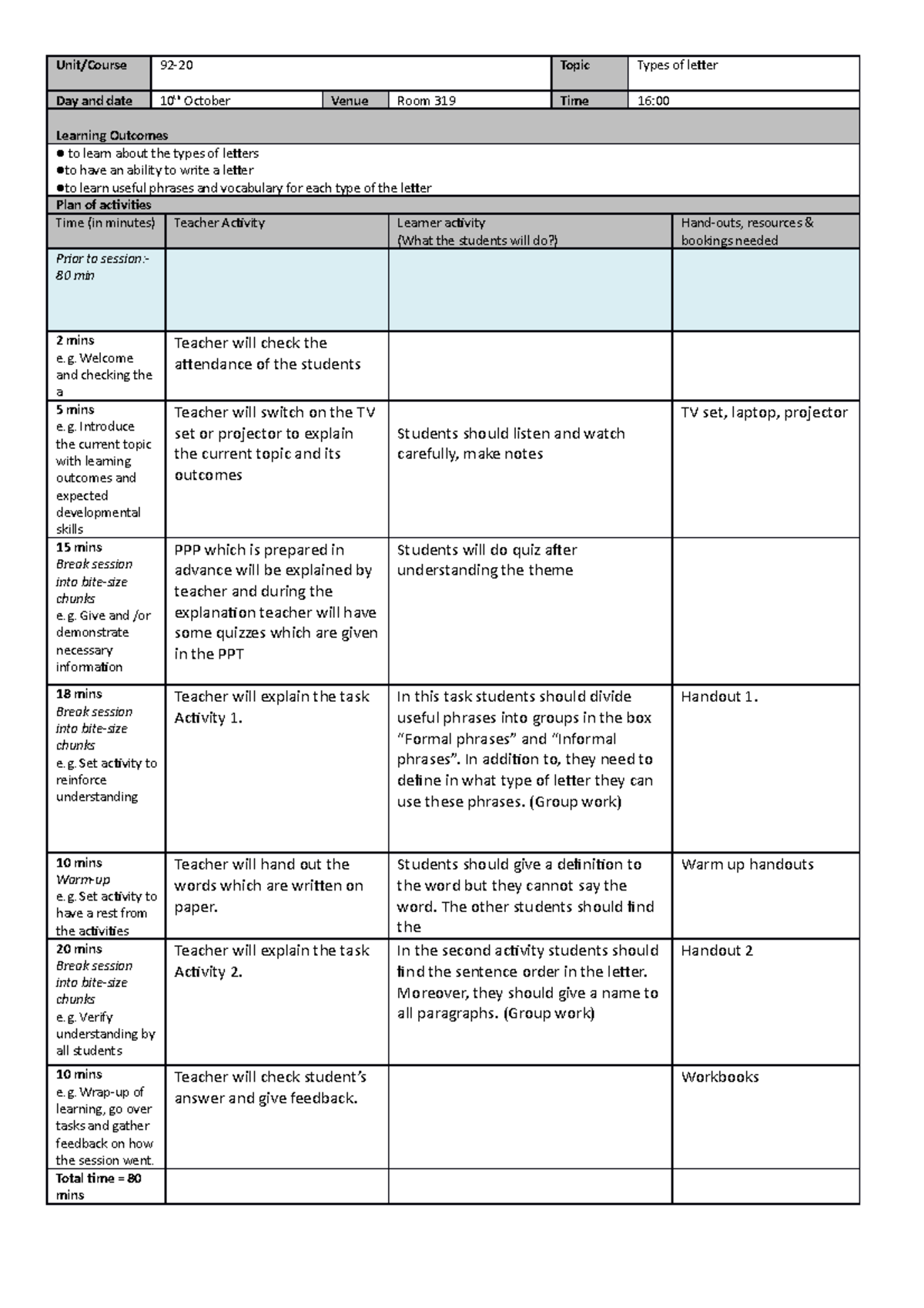 Lesson-plan-template - Unit/Course 92-20 Topic Types of letter Day and ...