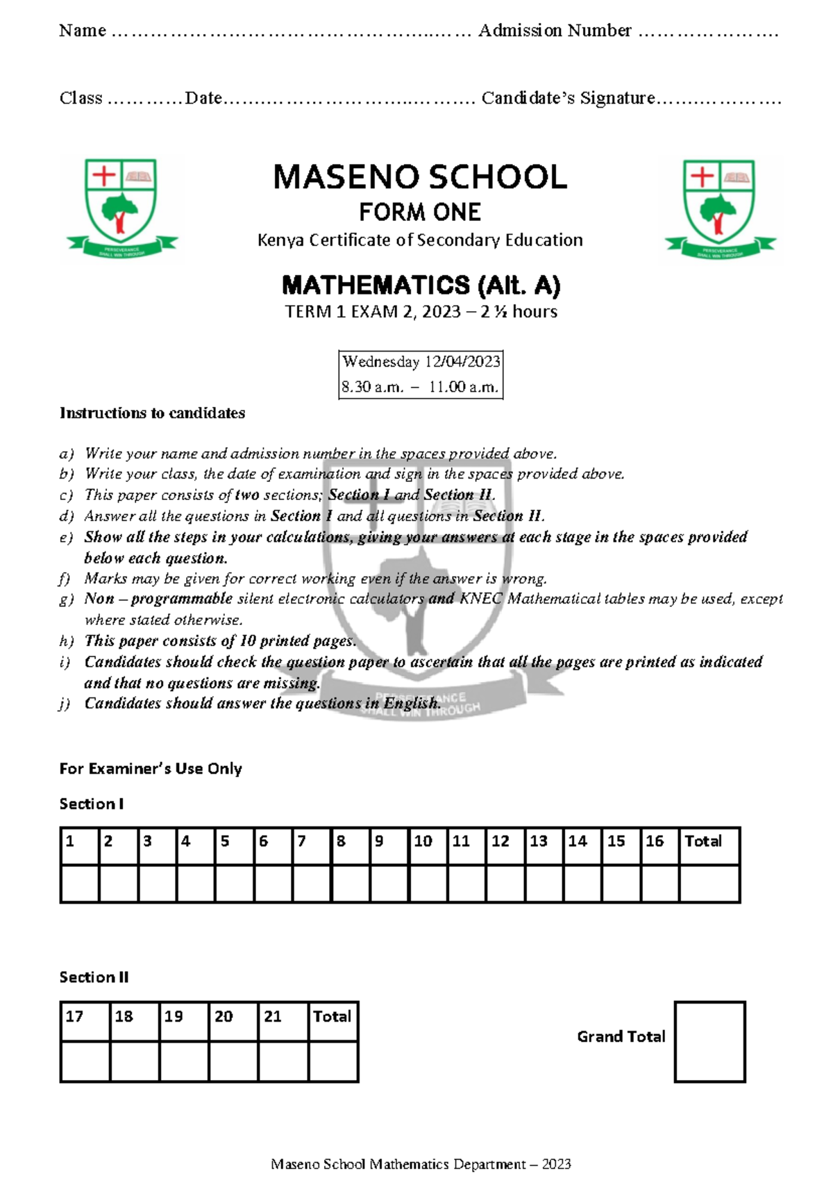 FORM 1 Holiday Assigment - Maseno School Mathematics Department – 2023 ...