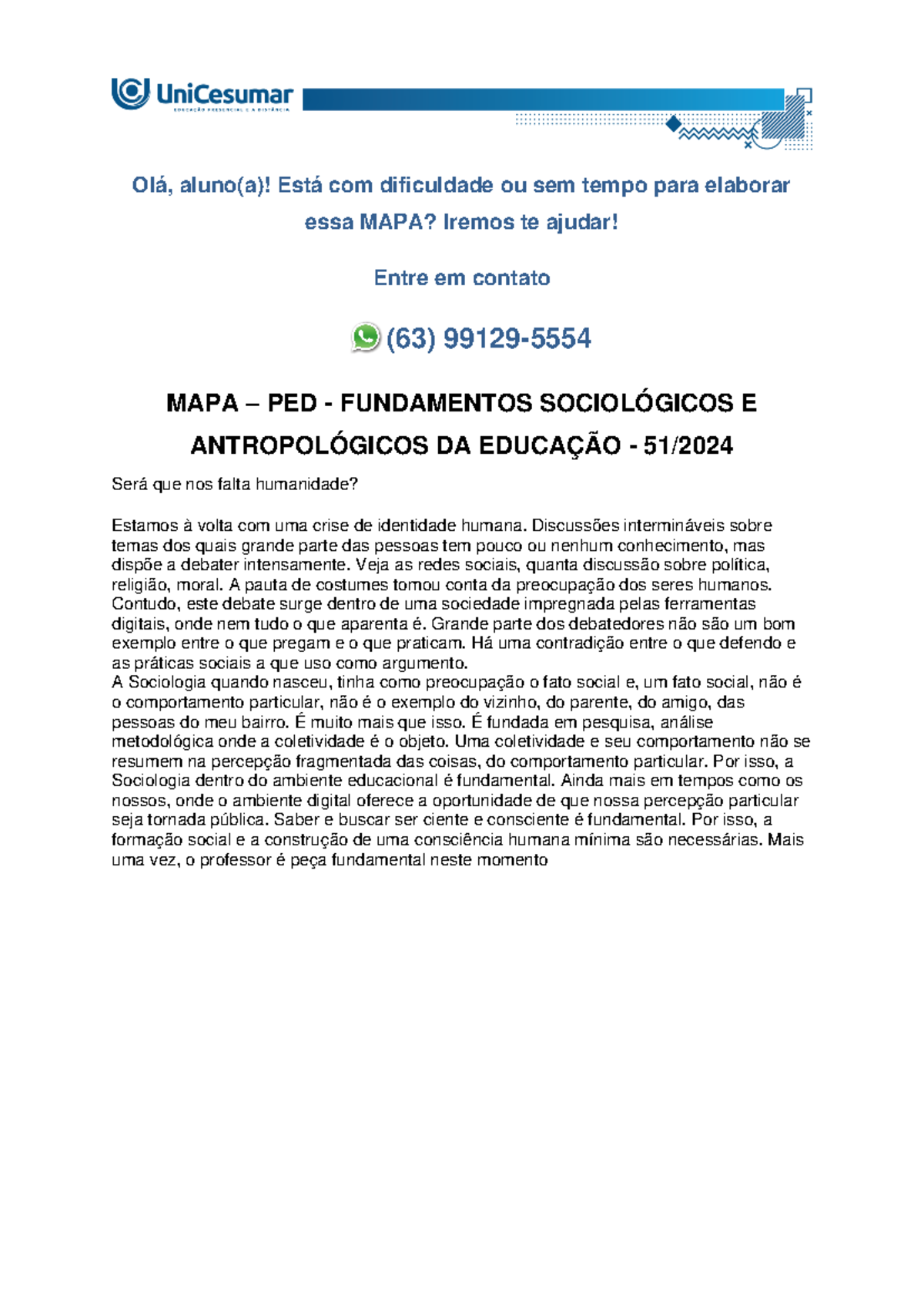 MAPA – PED - Fundamentos Sociológicos E Antropológicos DA Educação ...