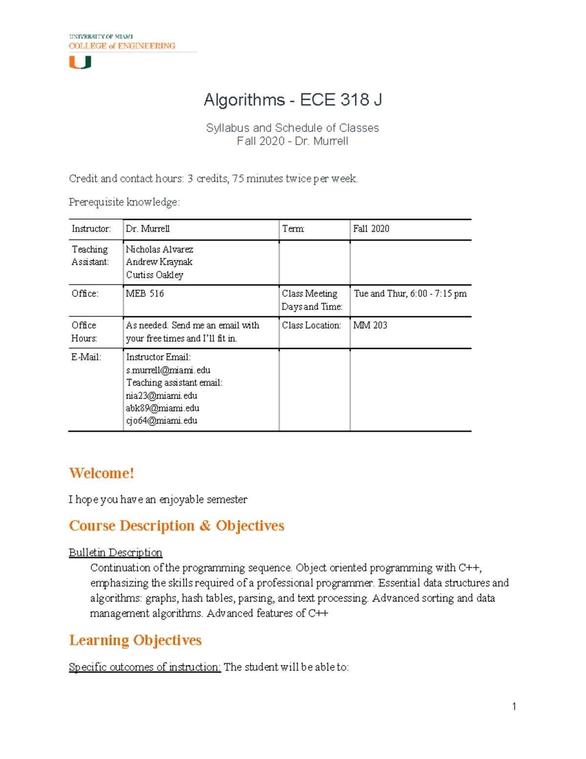 ECE 318 Algorithms - Continuation of the programming sequence. Object ...