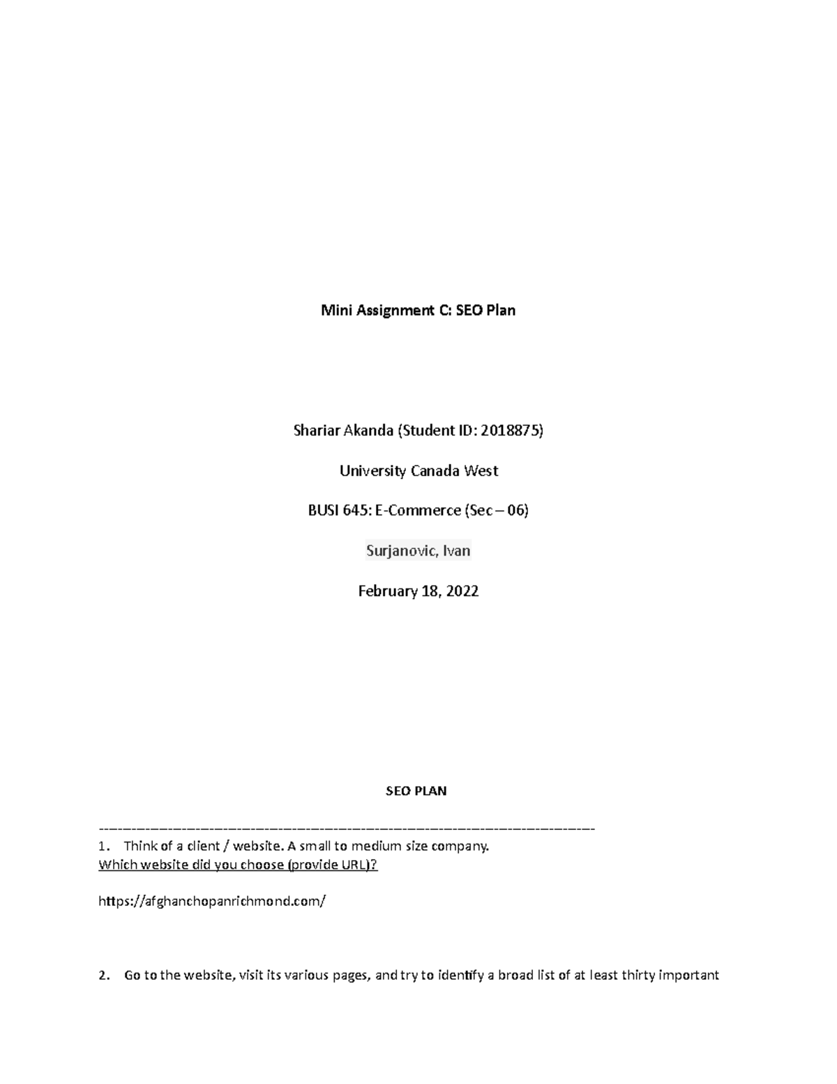 Shariar 2018 875 Busi 645 6 Mini Assignment SEO Plan Mini Assignment C SEO Plan Shariar 