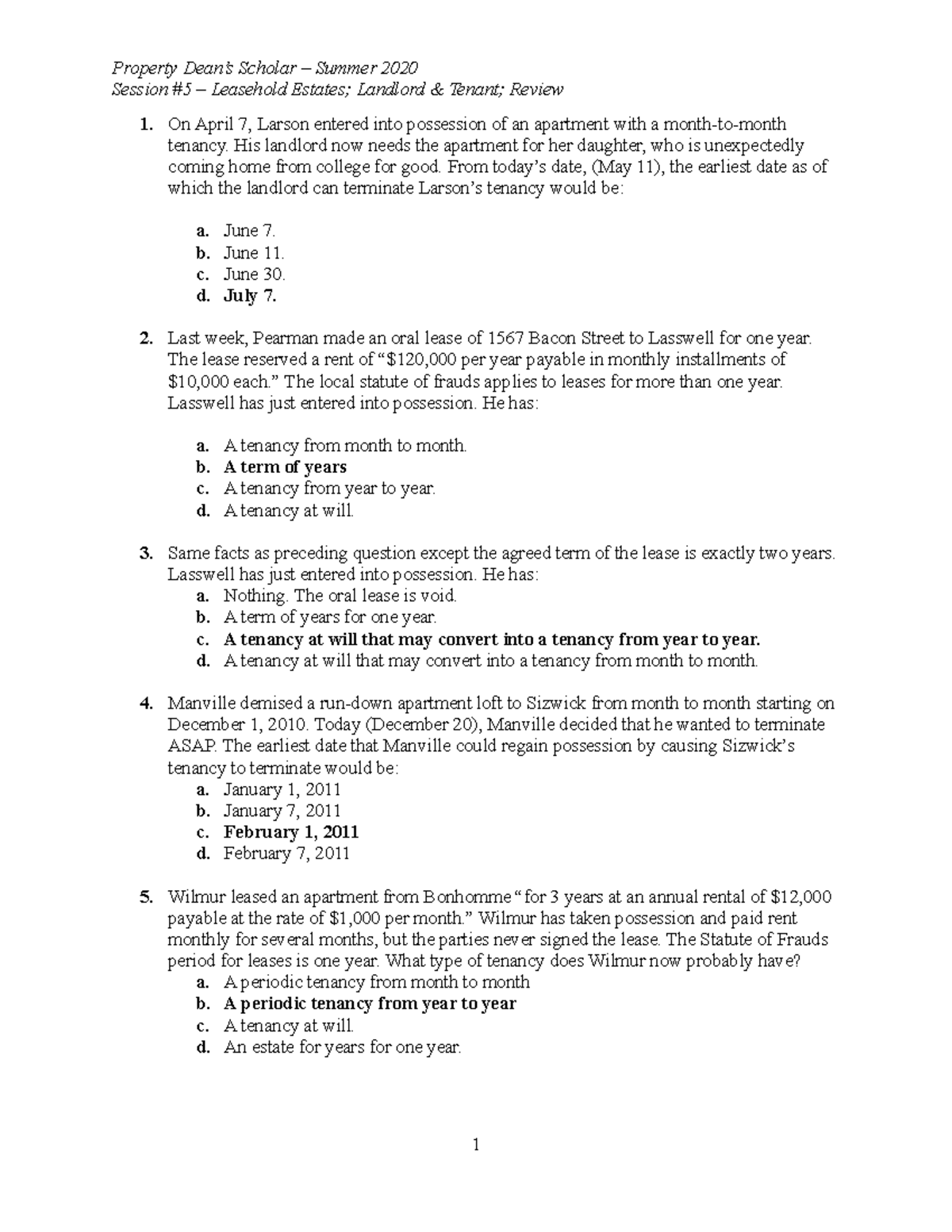 Hypos Session 5 Answers Session 5 Leasehold Estates; Landlord