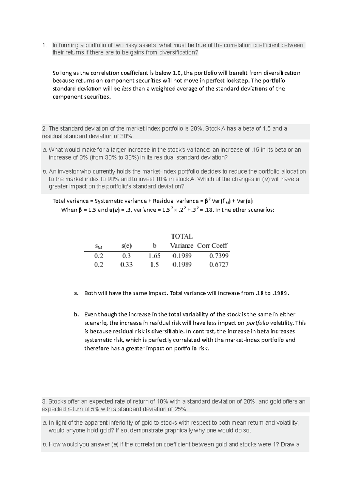 Exam, questions and answers - In forming a portfolio of two risky ...