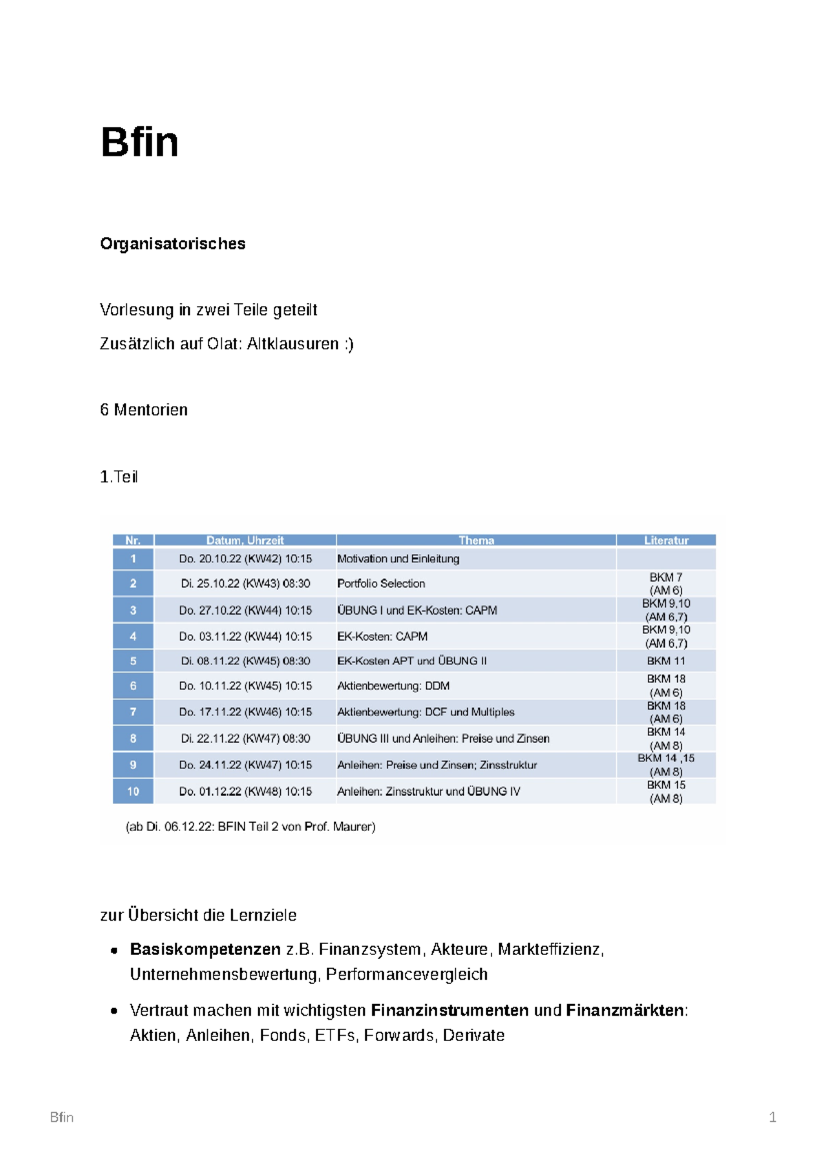 Bfin- Zusammenfassung - Bfin Organisatorisches Vorlesung in zwei Teile ...