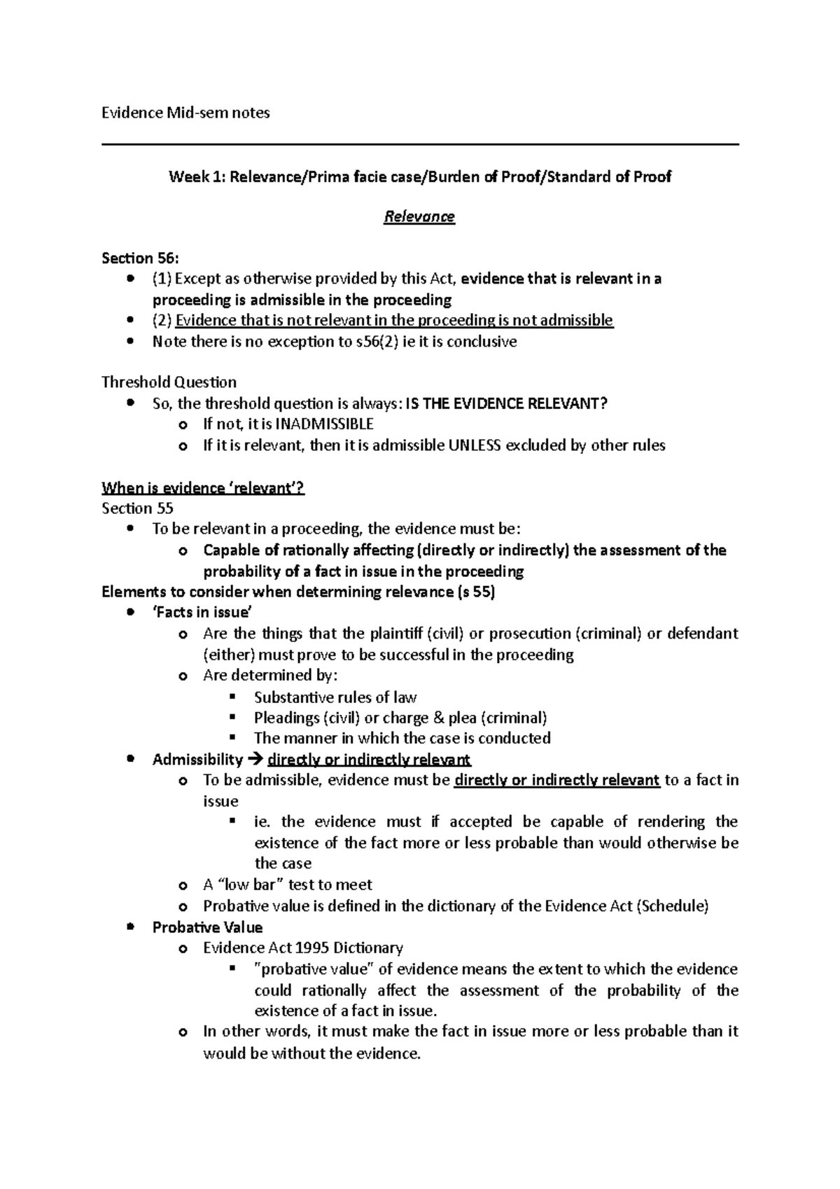 Evidence Final notes - Evidence Mid-sem notes Week 1: Relevance/Prima ...