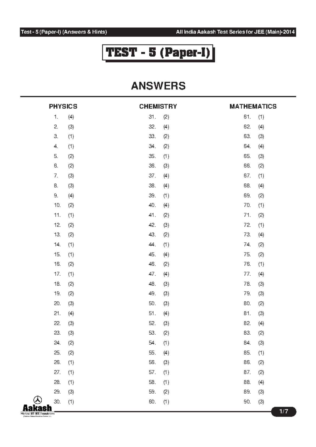 Aiats Jeemain 2014 Test5 0 - Test - 5 (Paper-I) (Answers & Hints) All ...