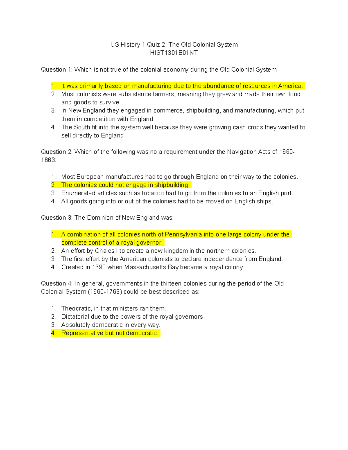 Quiz 2 The Old Colonial System - US History 1 Quiz 2: The Old Colonial ...