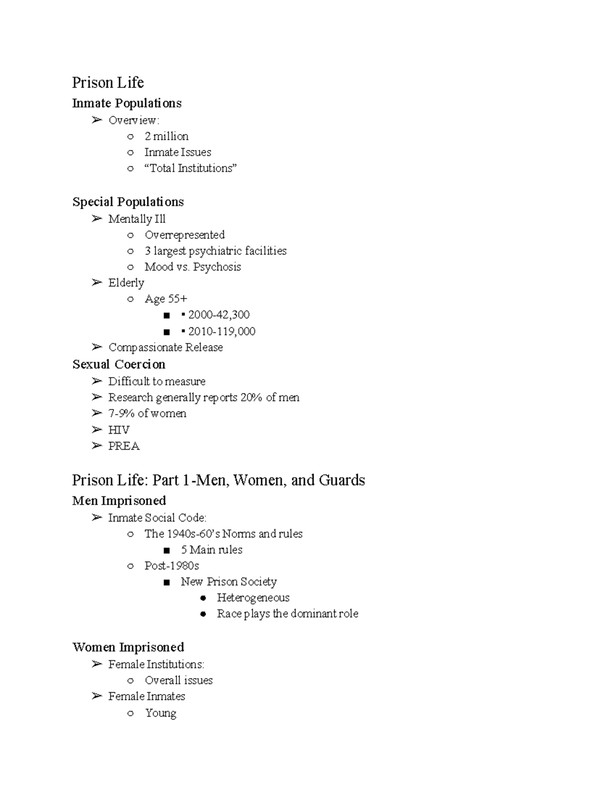 Prison Life - Lecture Notes for review - Prison Life Inmate Populations ...