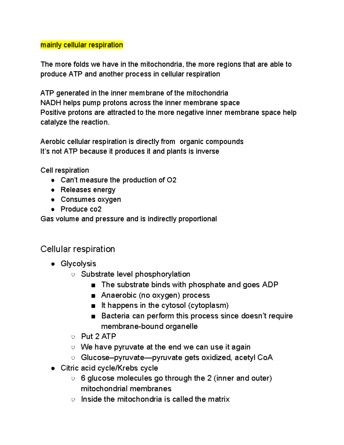 Biology Notes Unit 3 (cellular Respiration) - Mainly Cellular ...