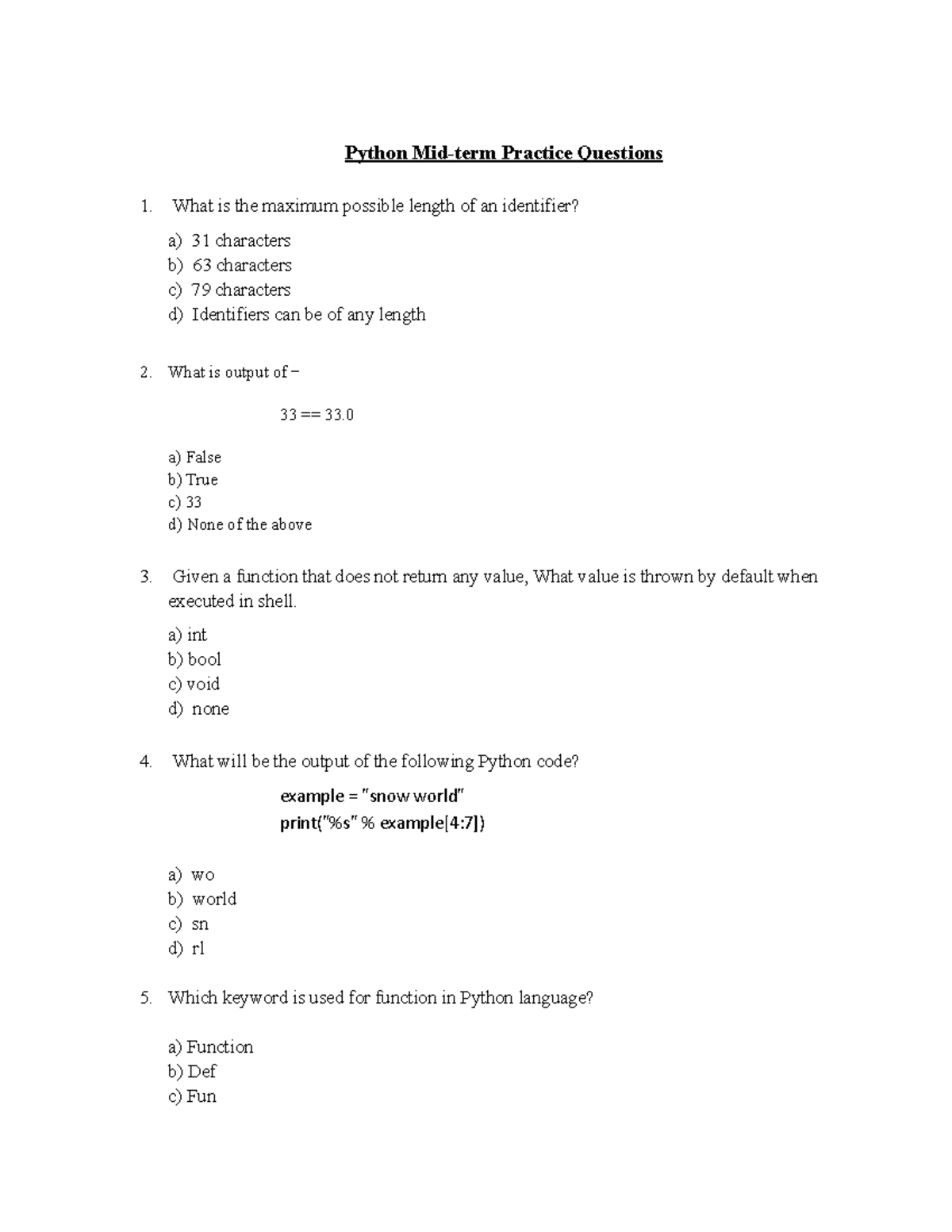 Python Mid-term Practice Questions - What is the maximum possible ...