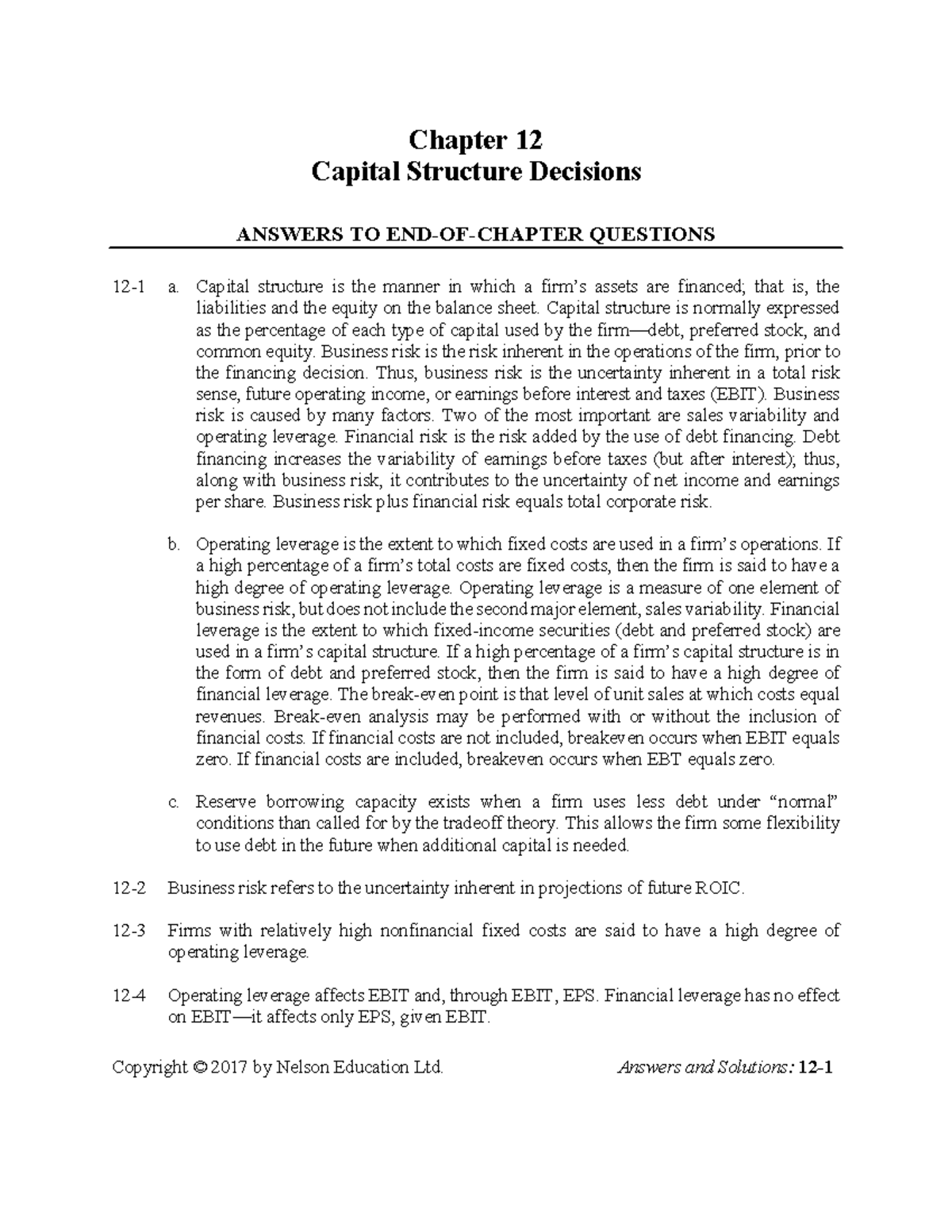 CH 12 SM Ex Homework - Answers to end of chapter questions - Copyright ...
