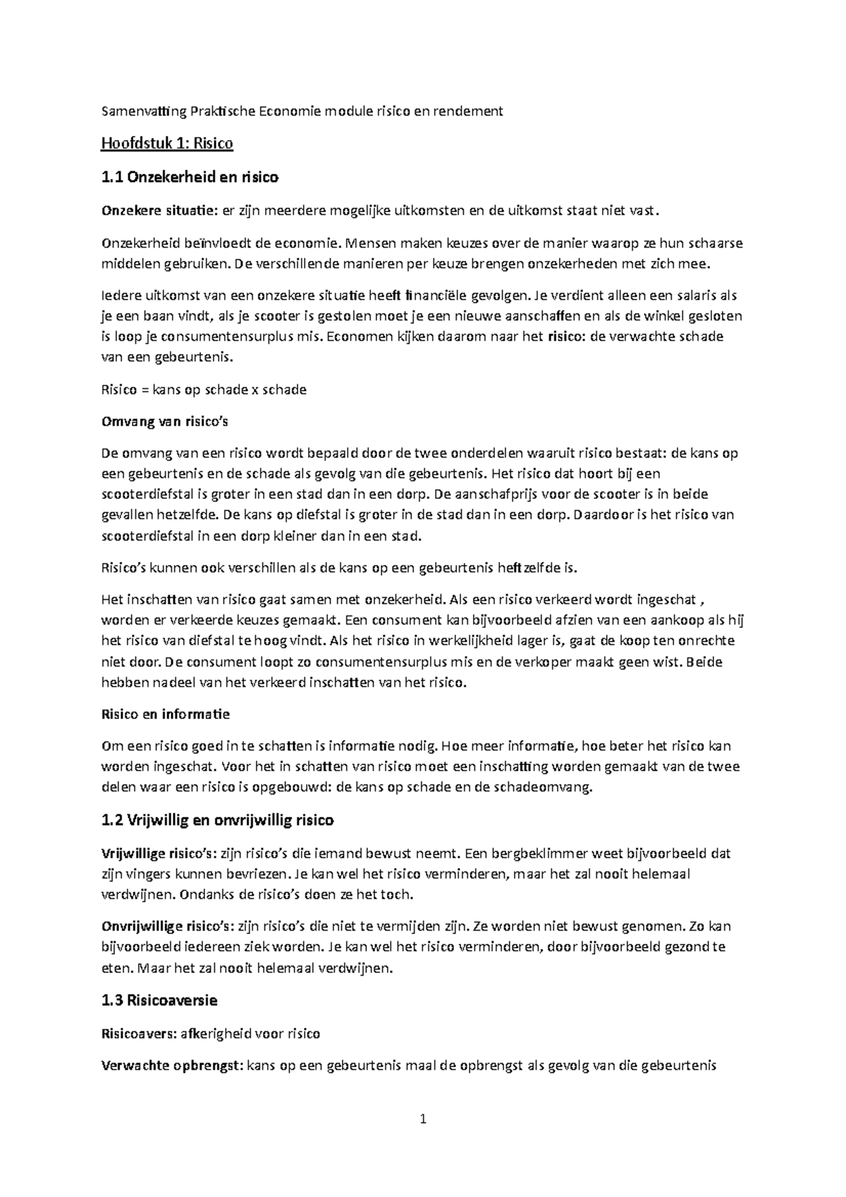 Samenvatting Praktische Economie module risico en rendement ...