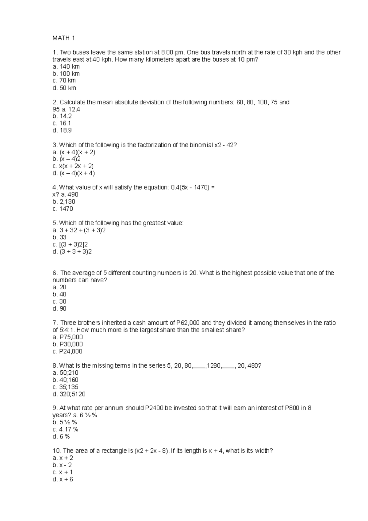 LET Reviewer - Notes - MATH 1 Two buses leave the same station at 8:00 ...