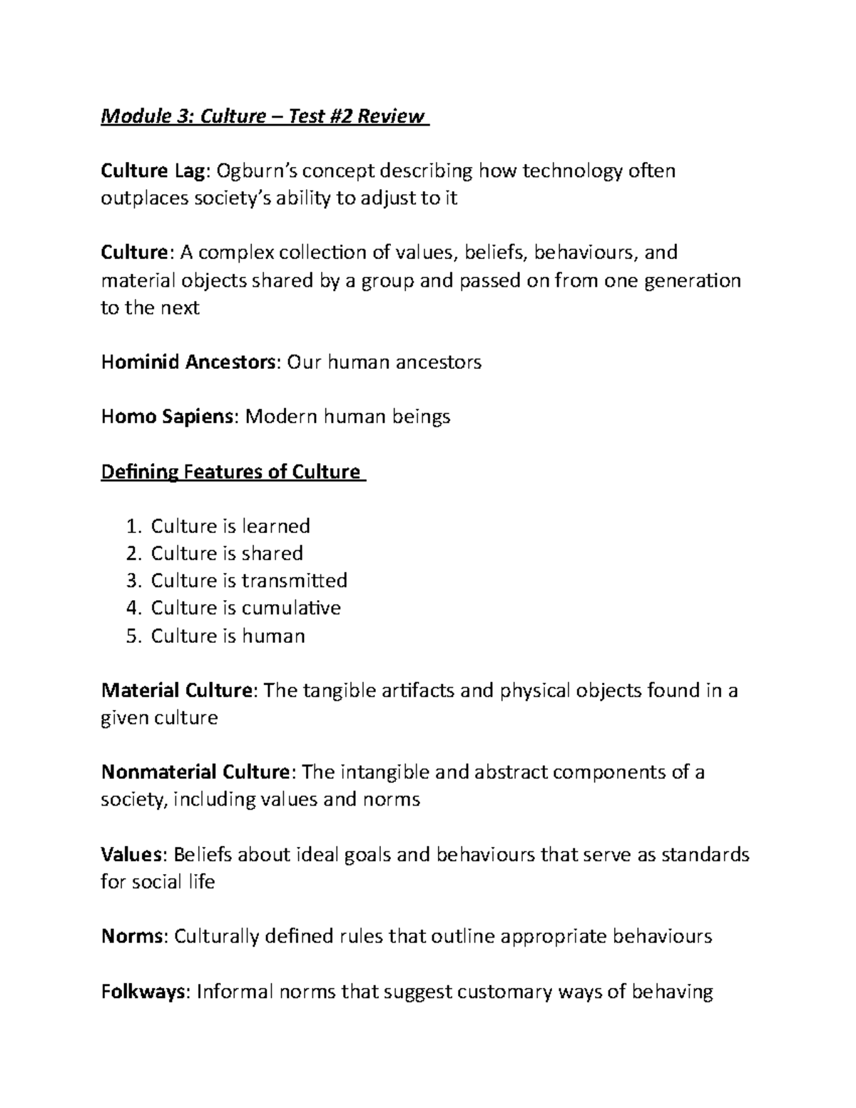 Module 3 - Culture. Test #2 Review - SSCISS108 - Mohawk College - Studocu