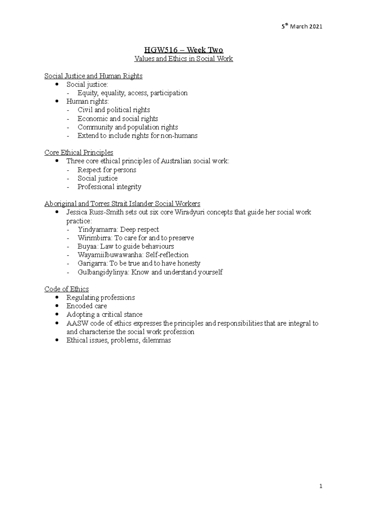 Week 2 - Lecture notes 3-4 - 5 th March 2021 HGW516 – Week Two Values ...